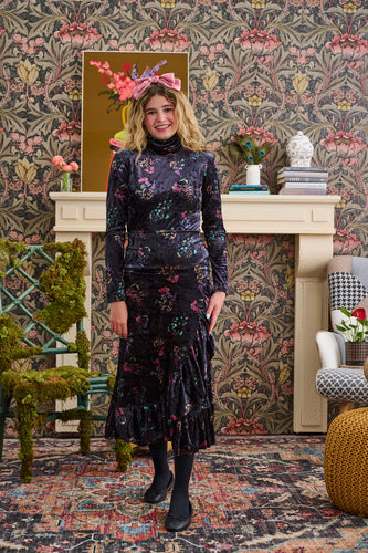 Crushed Velvet Floral Wrap Skirt T-1097