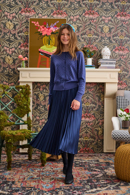 Blue Sateen Pleated Waistband Skirt T-1114