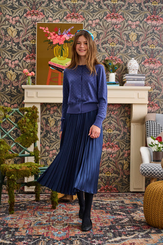 Blue Sateen Pleated Waistband Skirt T-1114