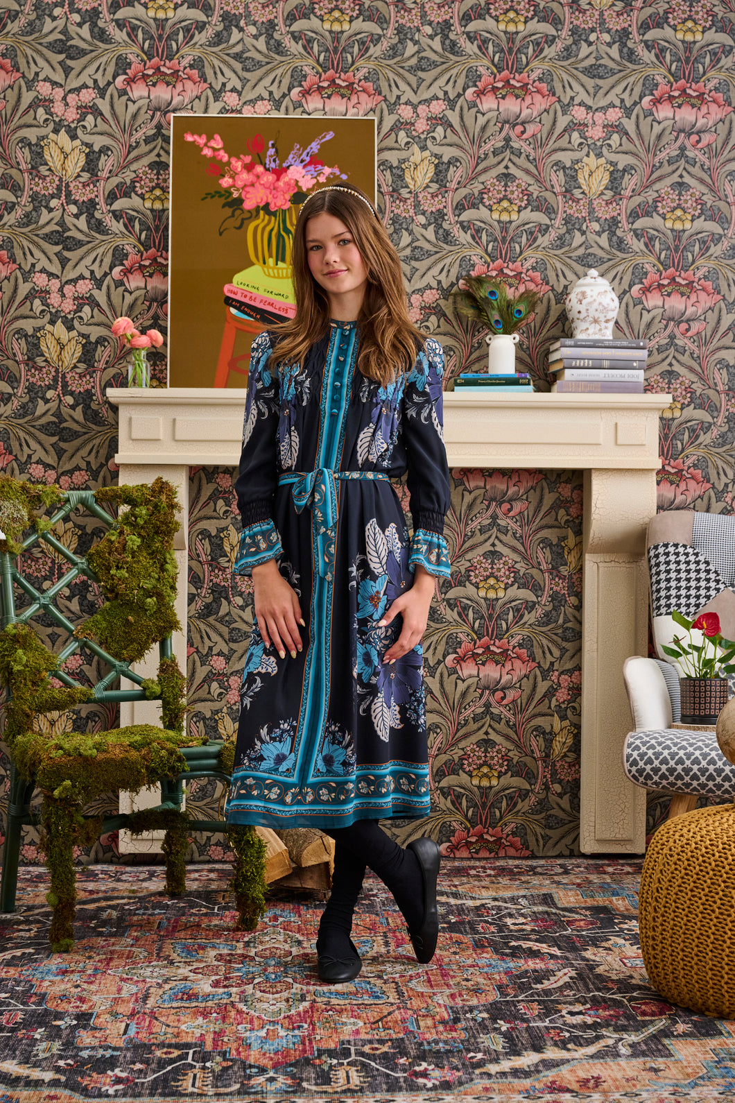 Blue Printed Chiffon Floral Dress T-1140