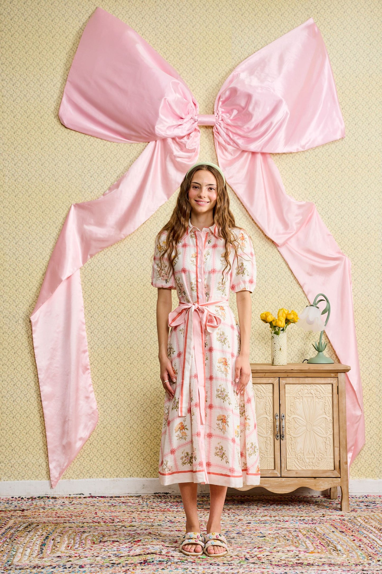 Floral Printed Dress w/ Striped Combo Belt T-1190
