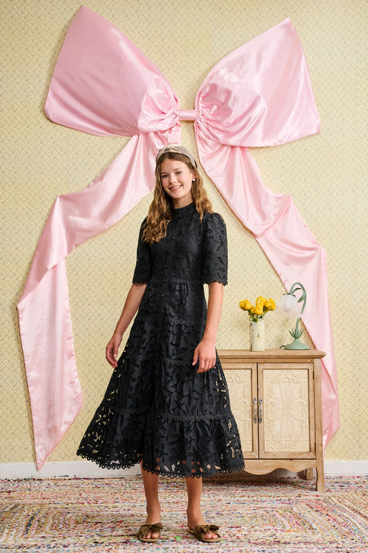 Black Lace Button Down Dress T-1219