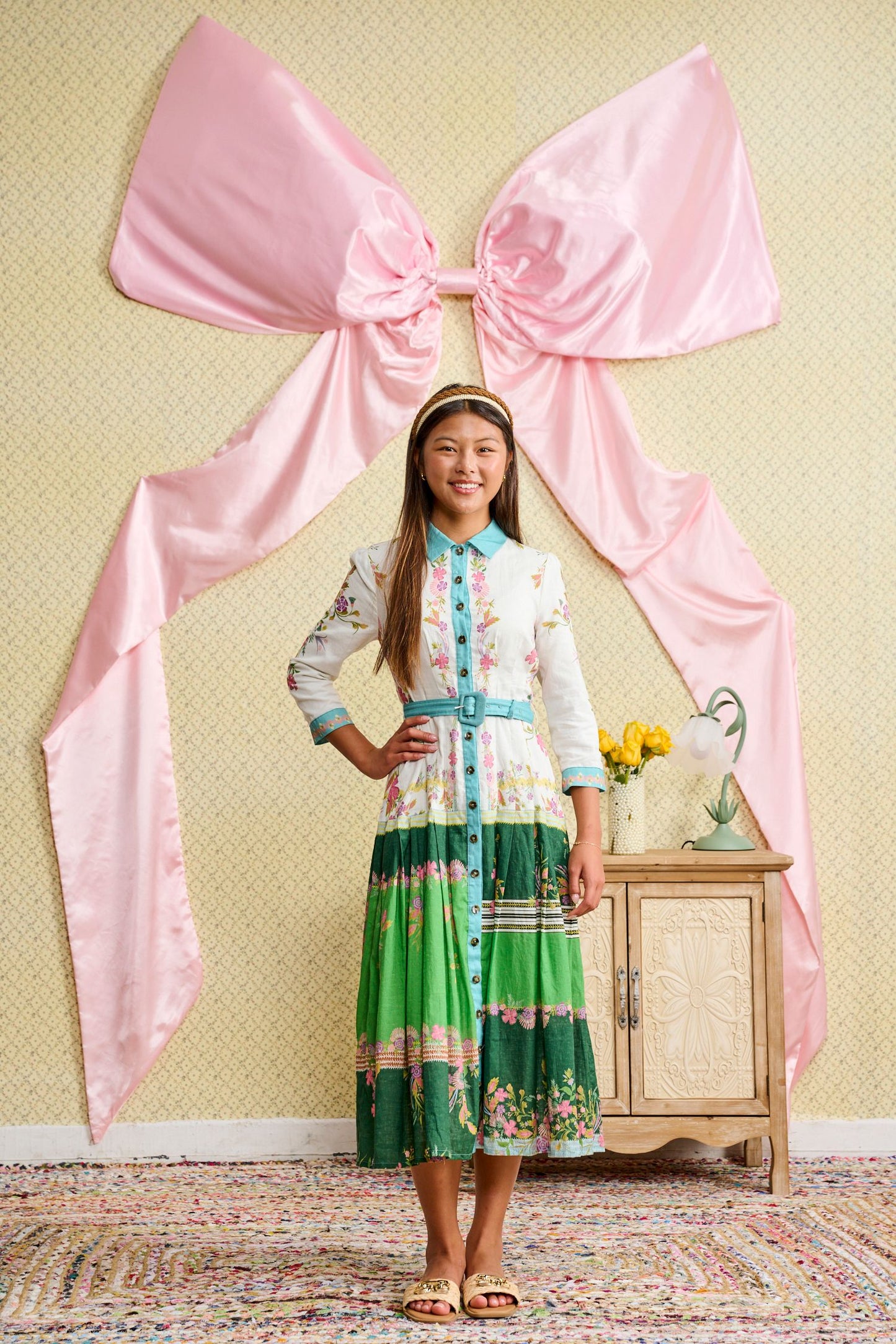 Printed Belted Button Dress w/ Pleated Skirt T-1313