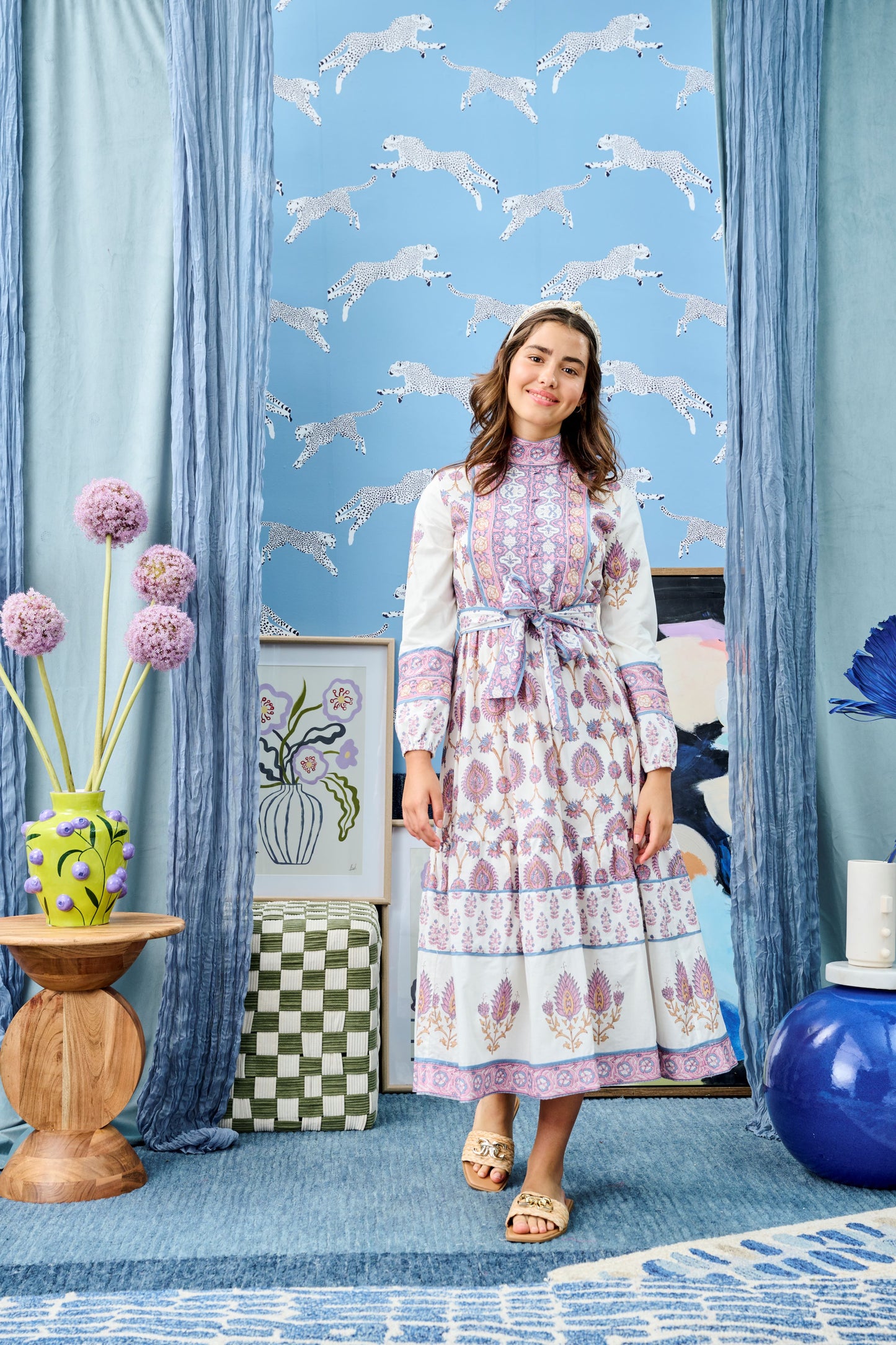 Pink Periwinkle Paisley Print Tie Waist Dress T-1023