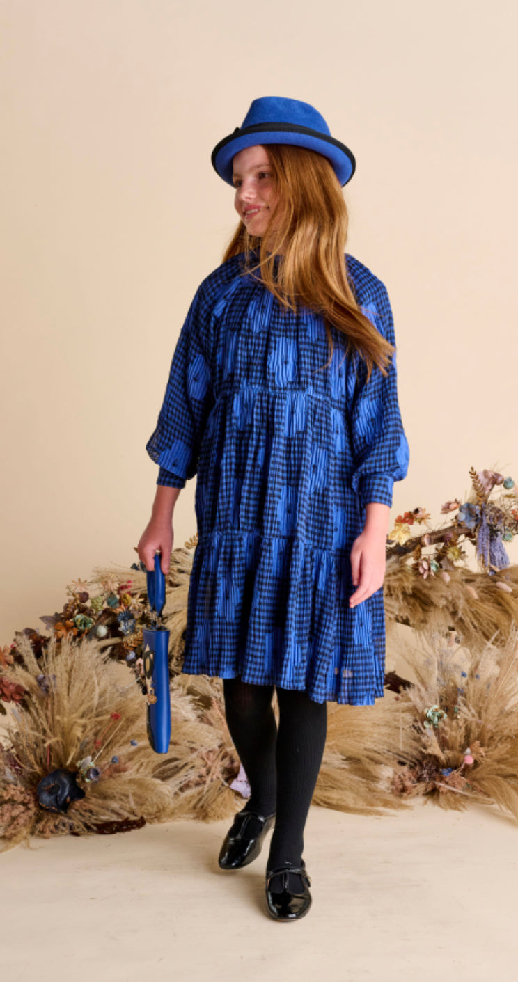Cobalt Black Gingham with Large Flower Dress 1583