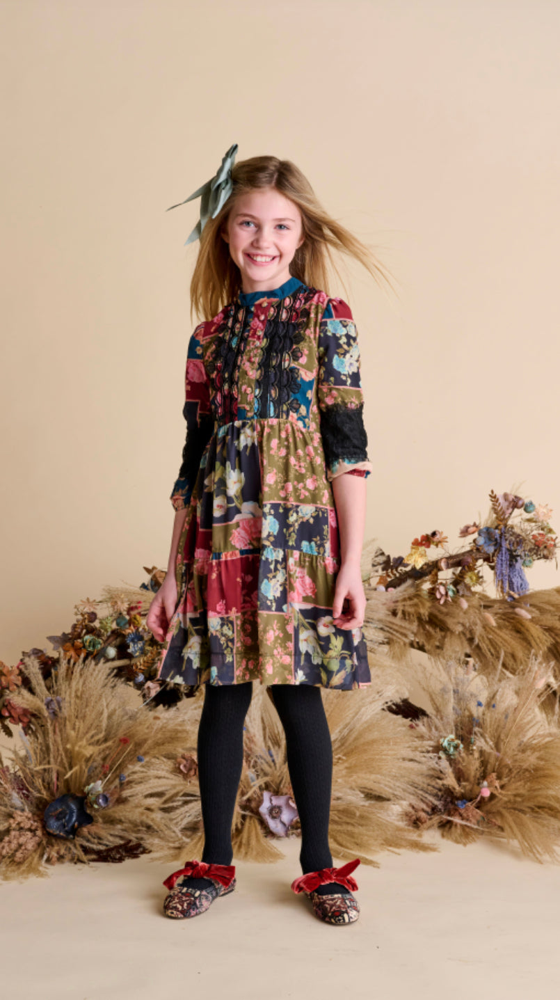 Multicolored Floral Design Lace Sleeve Dress 1526-B