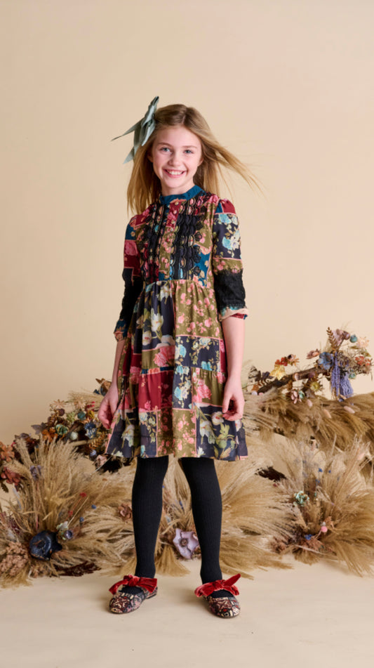 Multicolored Floral Design Lace Sleeve Dress 1526-B