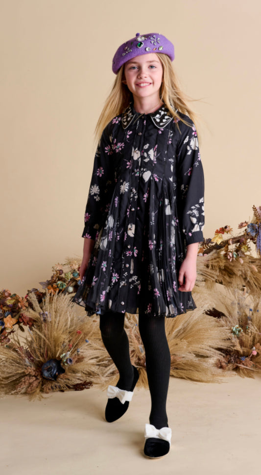 Black with Pink White Floral Beaded Collar Dress 1529