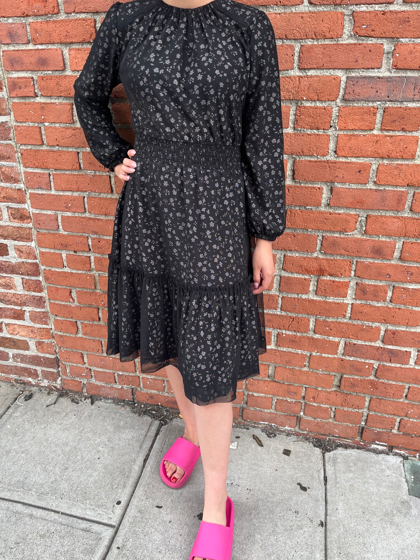 Black Mesh Overlay Smocked Dress J232-3571