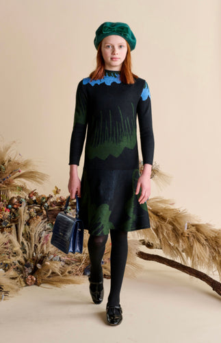 Black with Forest Green and Light Blue Knit Dress 1608