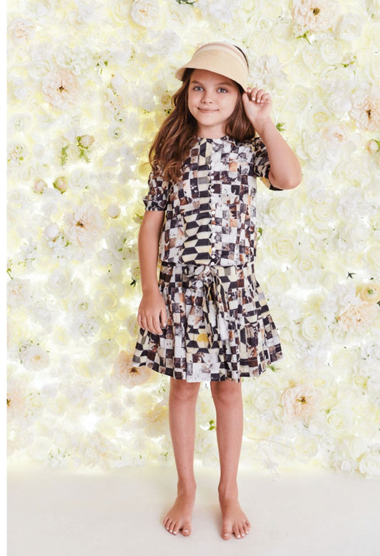 Colorful Square Print Tiered Drawstring Skirt 1318