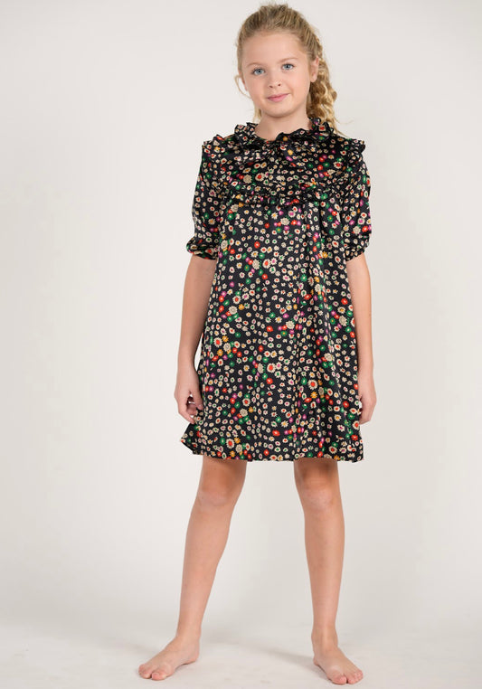 TLS2213-B BLACK FLORAL SILK FRILLED DRESS