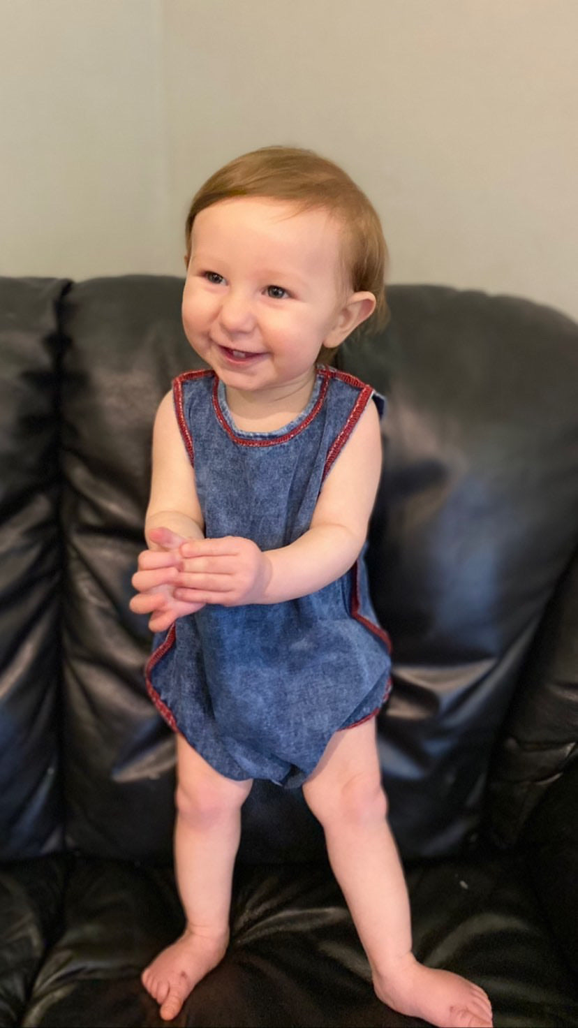 Red Stitched Denim Wash Romper