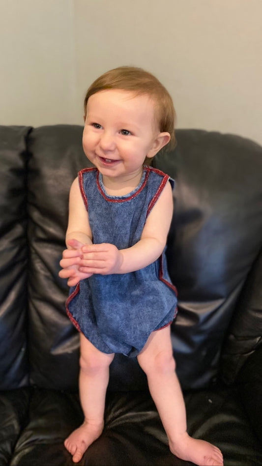 Red Stitched Denim Wash Romper