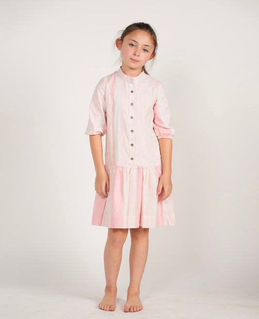 DLS2238-A PINK/WHITE PINSTRIPE DROPWAIST DRESS