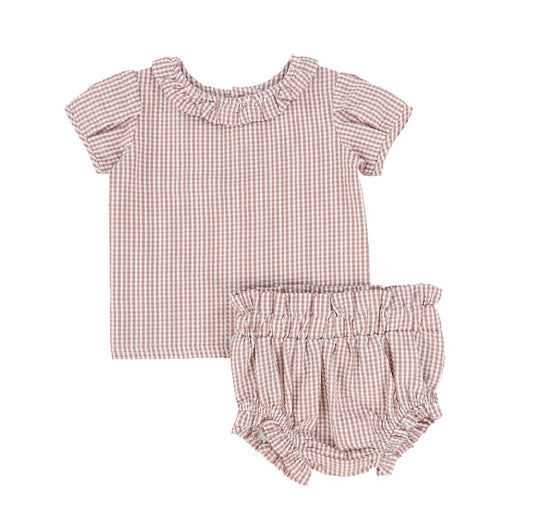 Gingham Ruffle Blouse Set in mauve