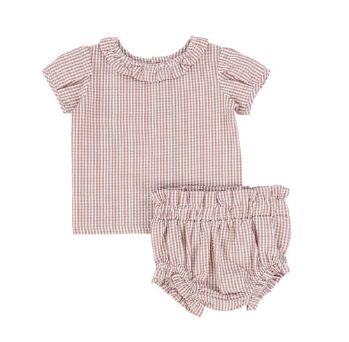 Gingham Ruffle Blouse Set in mauve