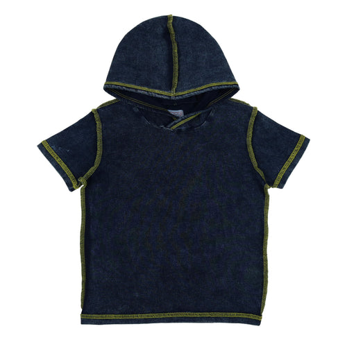 Denim and yellow stitch hooded shirt