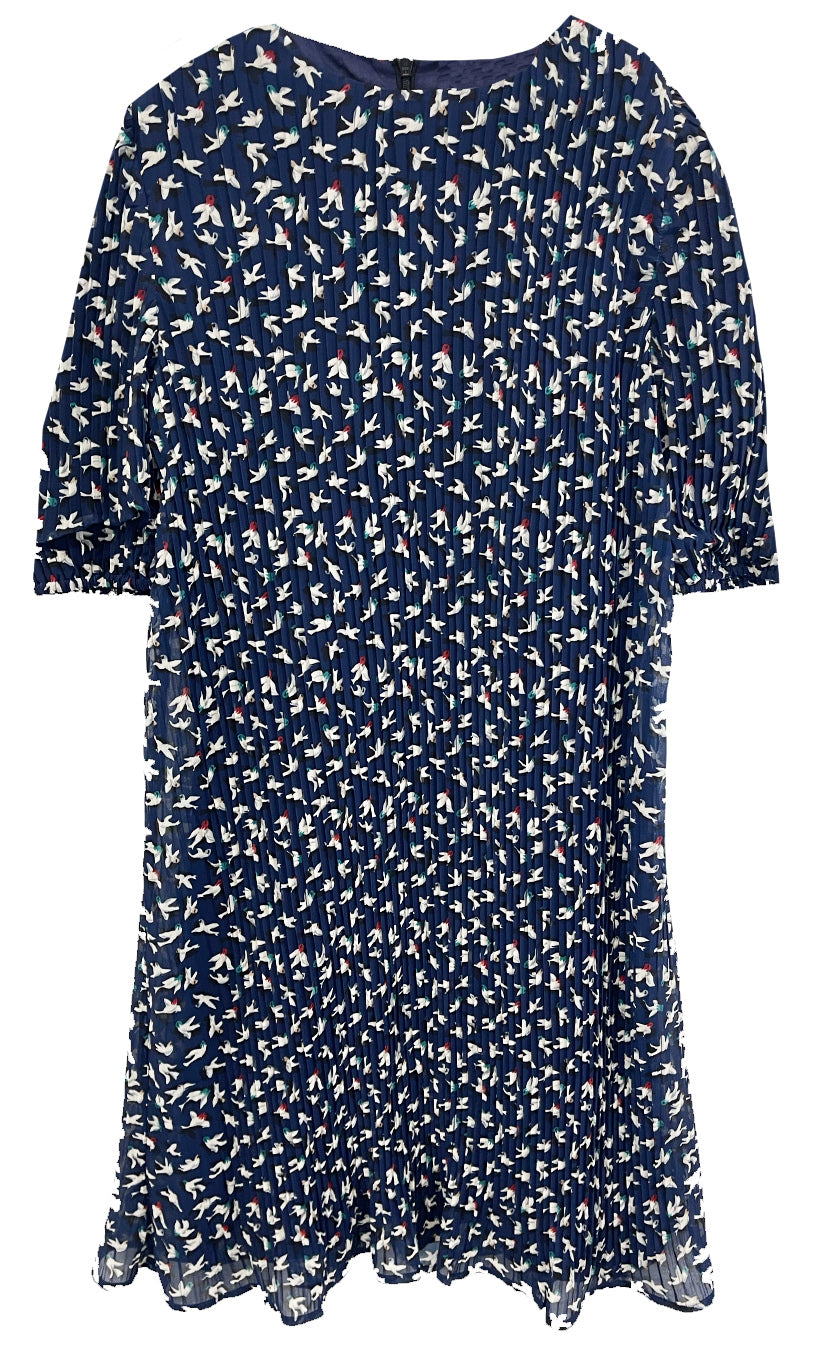 Navy Pleated Bird Print Dress D1329